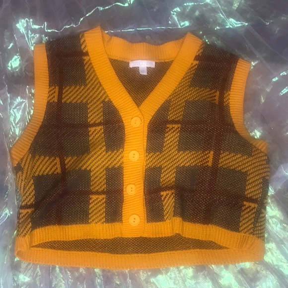 Cutesy Yellow Plaid Button Up Sweater 